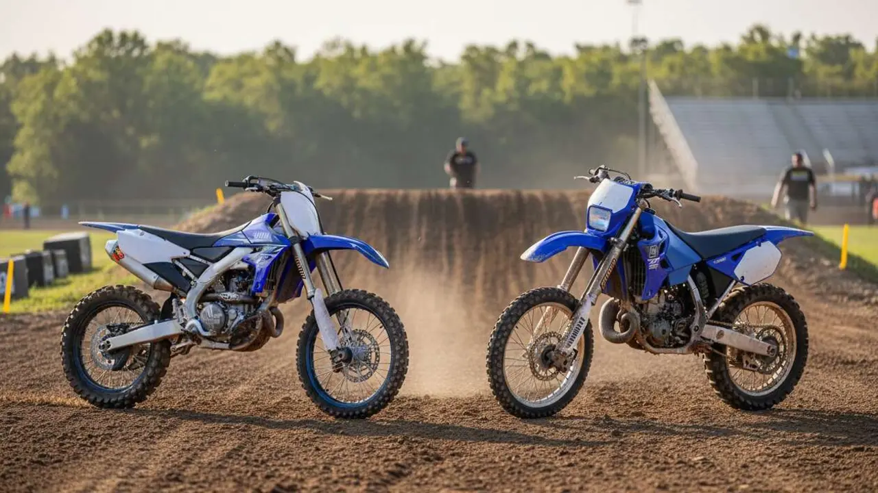  Comparativa Yamaha YZ450F 2026 y YZ400F 1998 mostrando evoluci&oacute;n y tecnolog&iacute;a en motos de motocross &mdash; Imagen generada por IA 