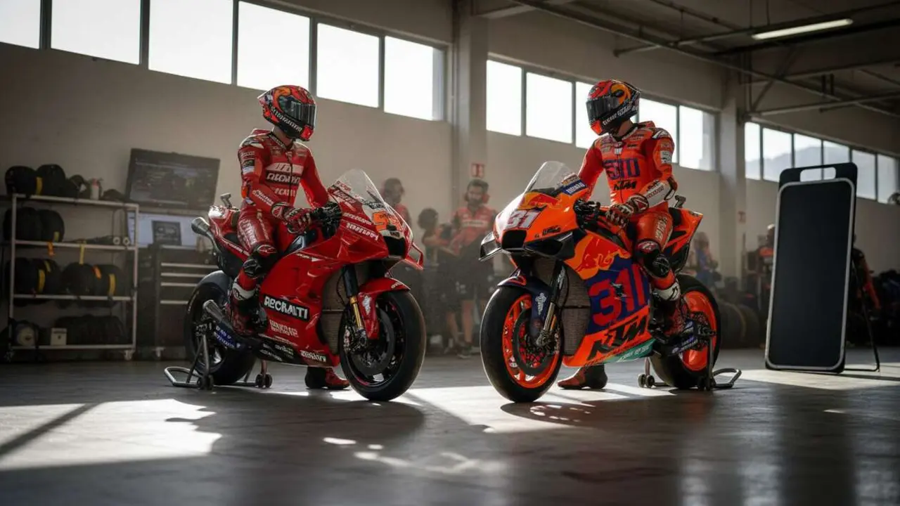  Marc M&aacute;rquez y Pedro Acosta en moto Ducati preparando la temporada de MotoGP 2027 &mdash; Imagen generada por IA 
