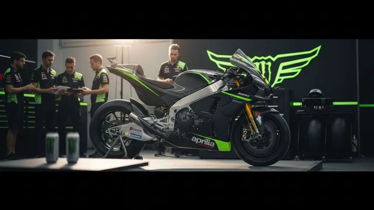  Motocicleta Aprilia con logo de Monster como nuevo patrocinador principal en MotoGP 2026 en acci&oacute;n en pista &mdash; Imagen generada por IA 