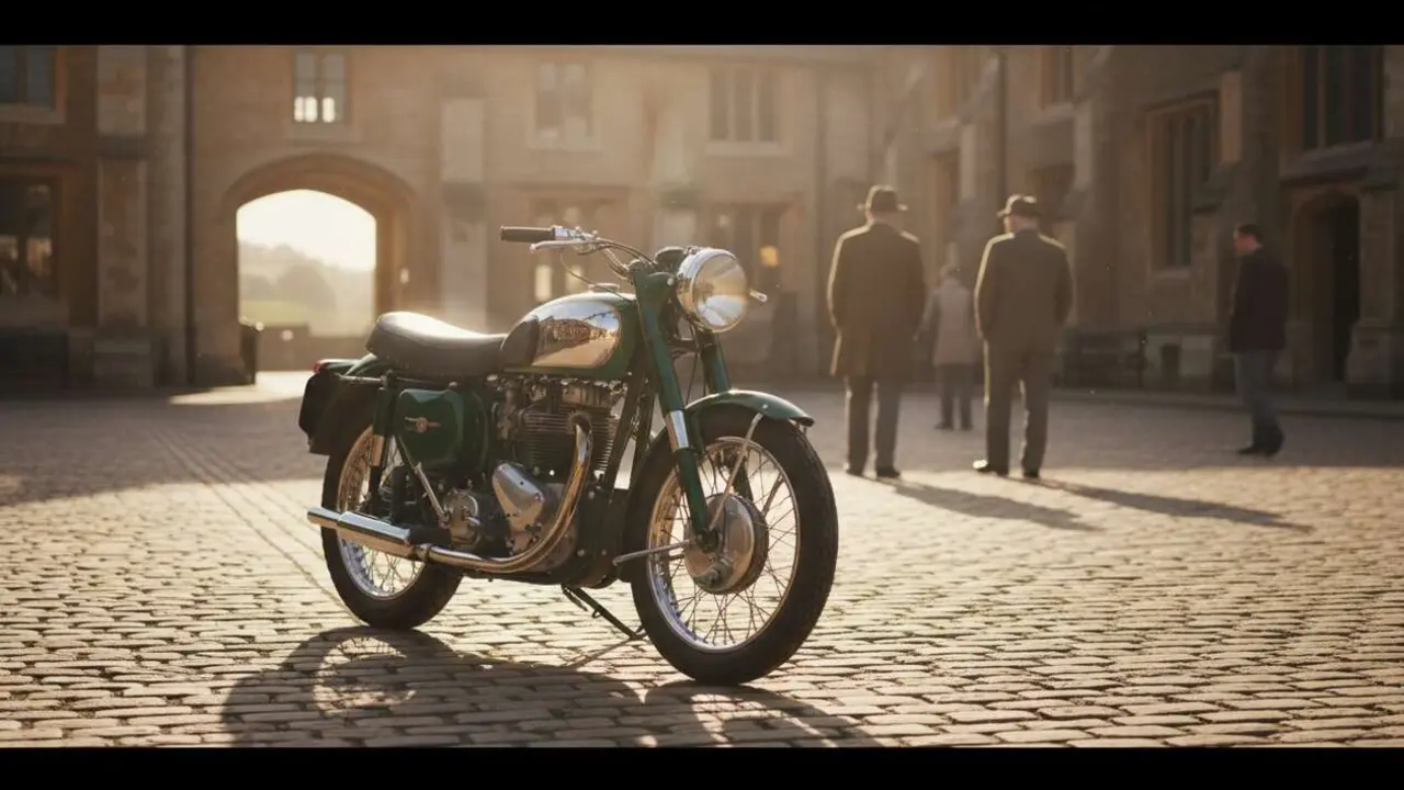  Moto cl&aacute;sica BSA en una ruta panor&aacute;mica que representa la historia y legado del motociclismo brit&aacute;nico &mdash; Imagen generada por IA 