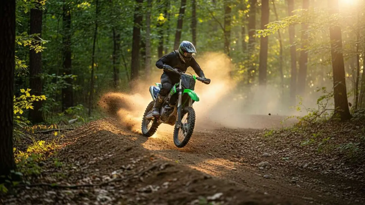  Kawasaki KLX300R en acci&oacute;n mostrando por qu&eacute; es la moto del momento para aventura y motocross &mdash; Imagen generada por IA 