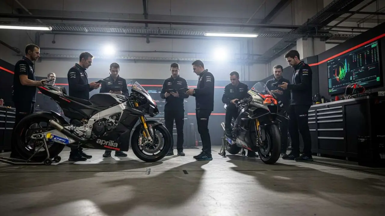  Motocicleta Aprilia compitiendo en MotoGP con tecnolog&iacute;a innovadora y financiaci&oacute;n millonaria para la temporada actual &mdash; Imagen generada por IA 