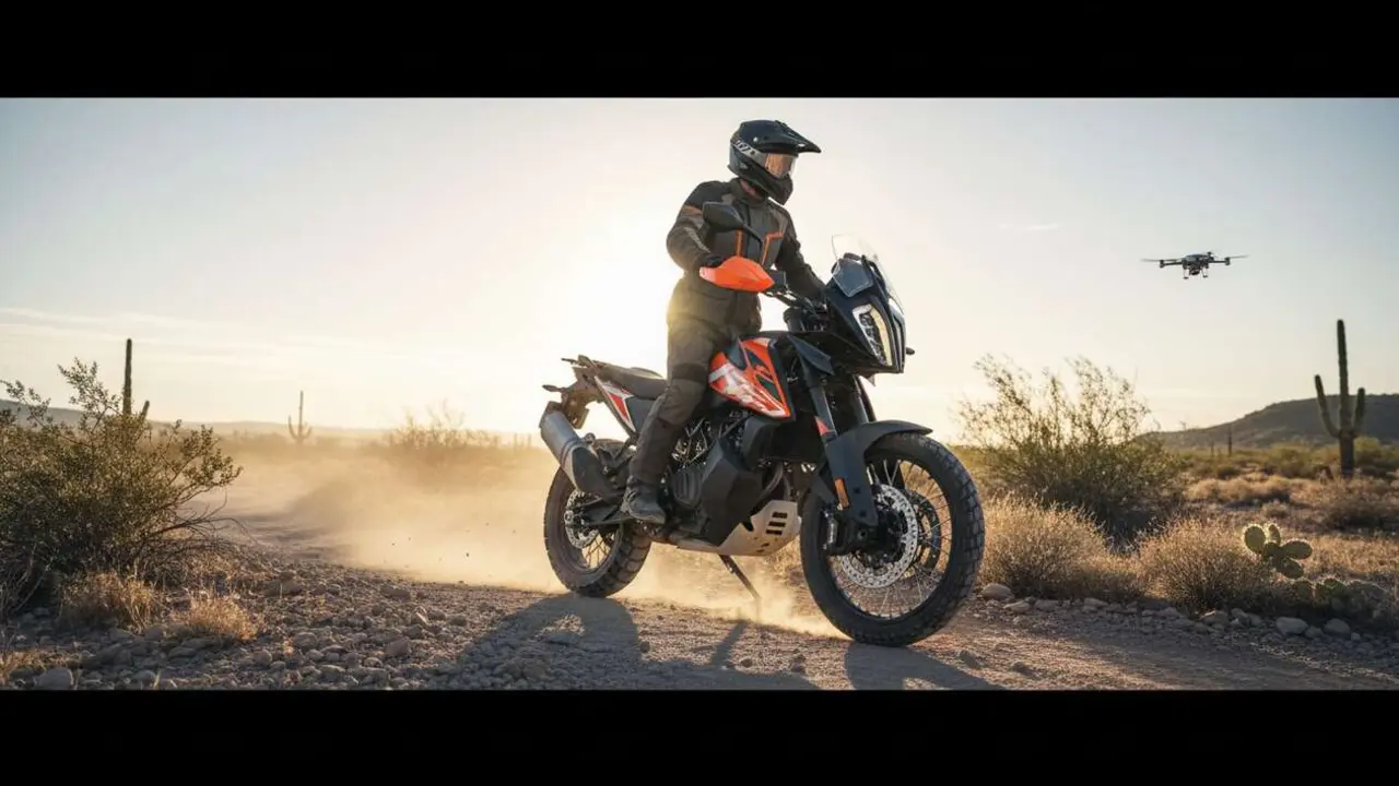  KTM 490 Adventure 2027 en acci&oacute;n mostrando su dise&ntilde;o renovado y caracter&iacute;sticas innovadoras para aventureros exigentes &mdash; Imagen generada por IA 
