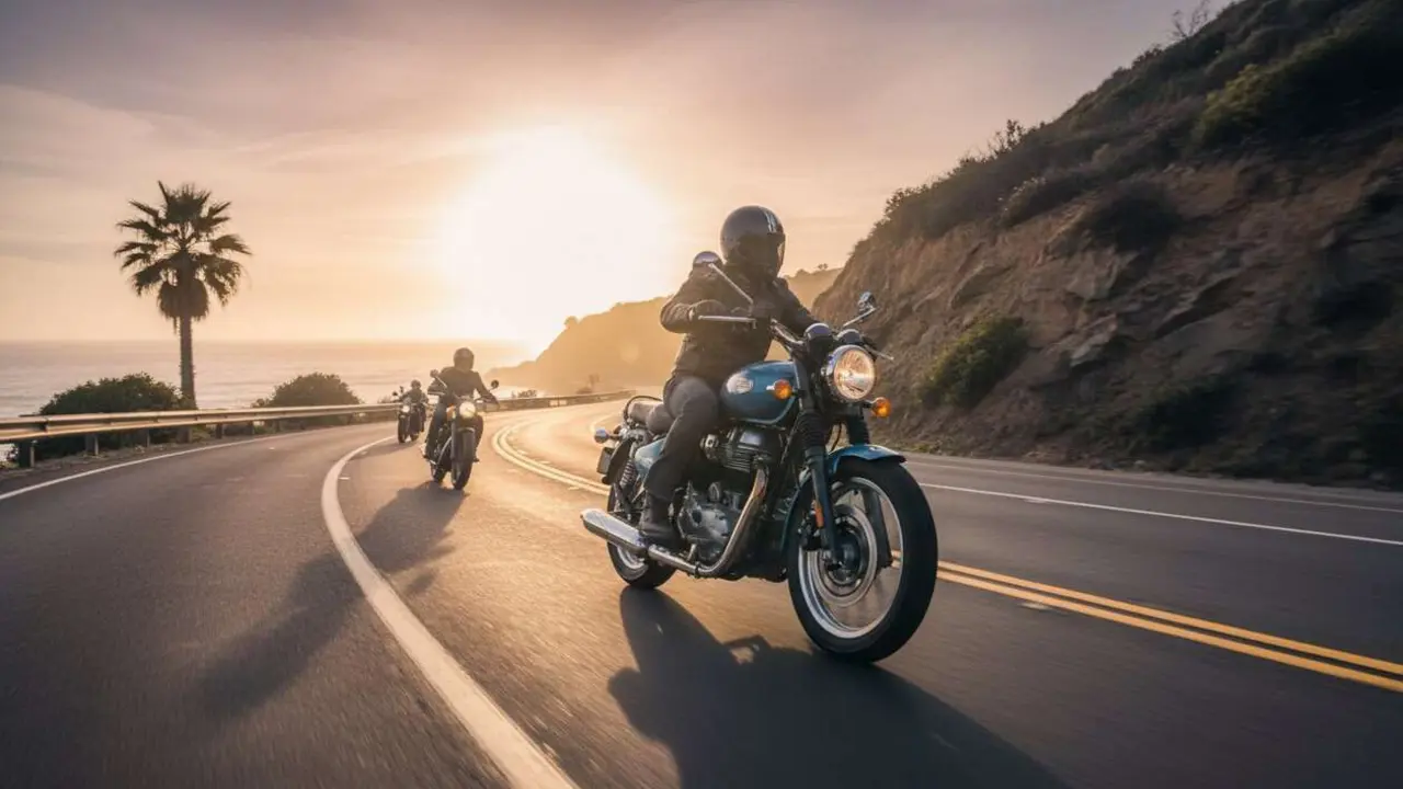  Royal Enfield Meteor 350 2024 en carretera mostrando su dise&ntilde;o cl&aacute;sico y rendimiento revolucionario &mdash; Imagen generada por IA 