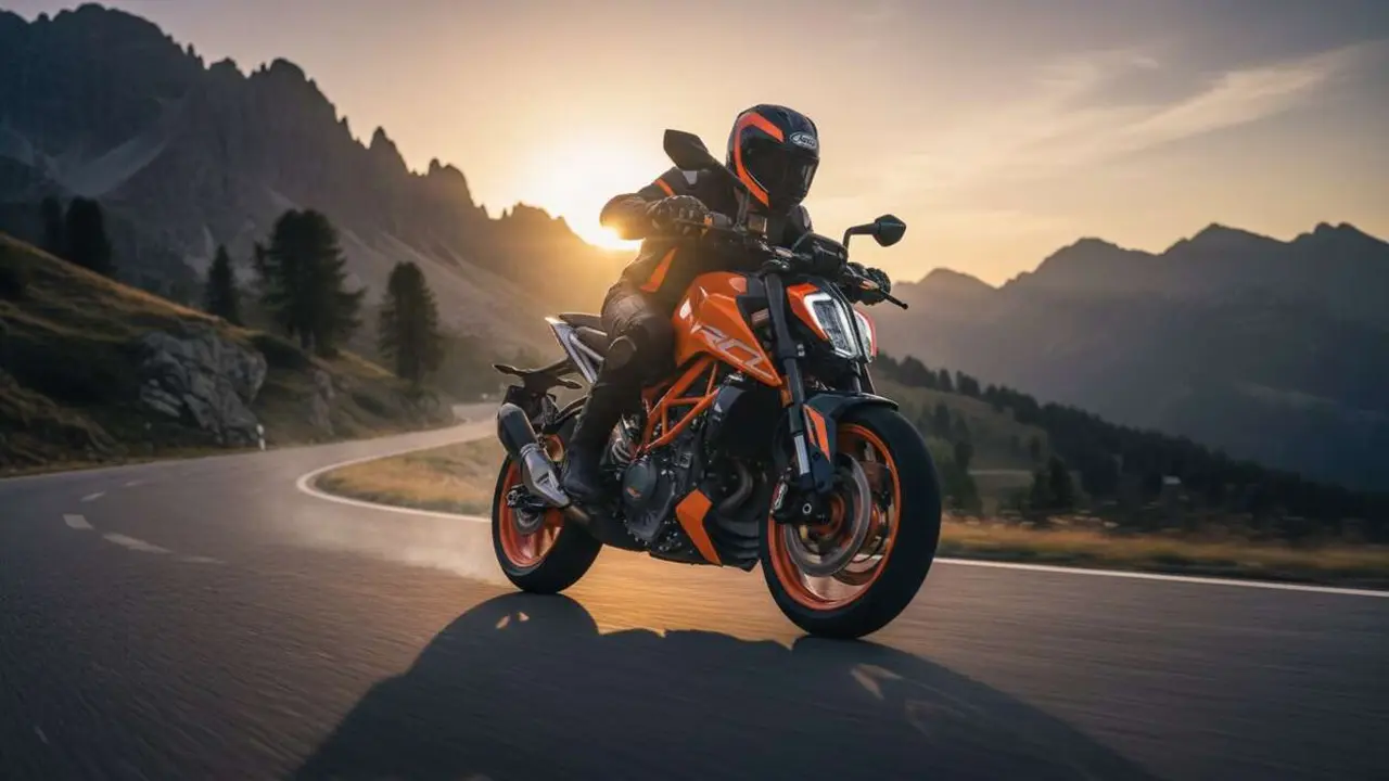  KTM 490 Duke 2026 en acci&oacute;n mostrando su dise&ntilde;o moderno y tecnolog&iacute;a avanzada para revolucionar las motos del futuro &mdash; Imagen generada por IA 
