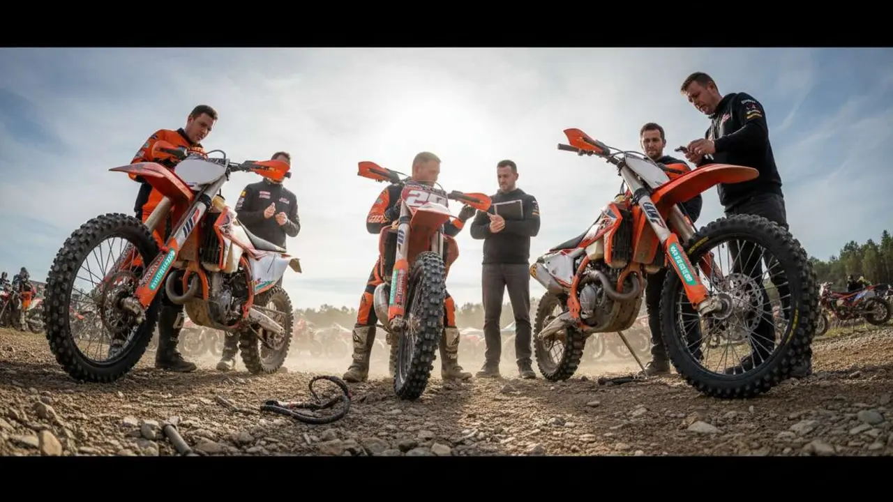  Piloto ajustando una moto KTM de enduro durante una competici&oacute;n en Europa en medio de la pol&eacute;mica por supuestas manipulaciones &mdash; Imagen generada por IA 