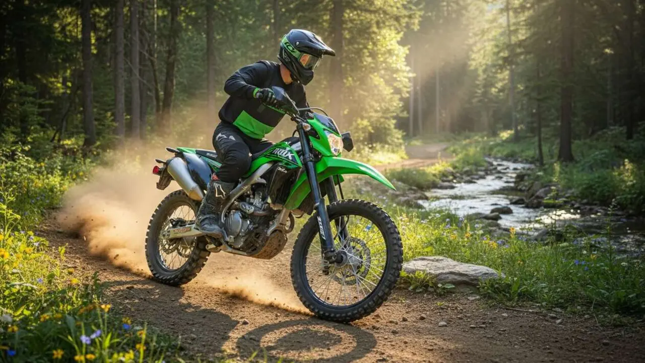  Kawasaki KLX300R 2026 en acci&oacute;n destacando su dise&ntilde;o innovador y rendimiento para off-road y trail aventura &mdash; Imagen generada por IA 