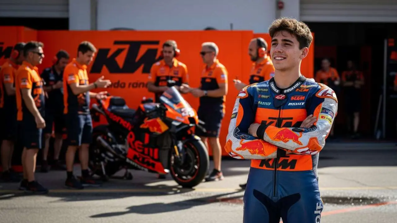  Pedro Acosta enviando un mensaje motivador y contundente a KTM durante la pol&eacute;mica actual del motociclismo &mdash; Imagen generada por IA 