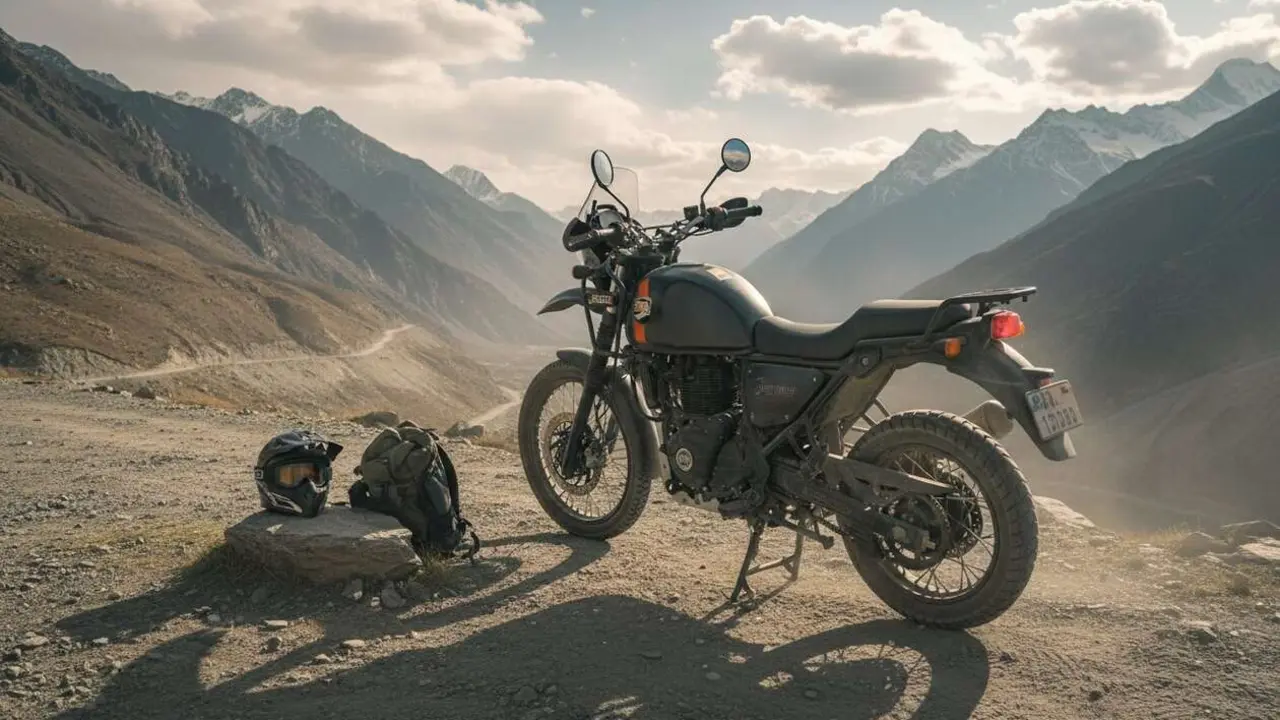  Royal Enfield Himalayan en acci&oacute;n en terrenos monta&ntilde;osos mostrando su capacidad para la aventura y el turismo off-road &mdash; Imagen generada por IA 