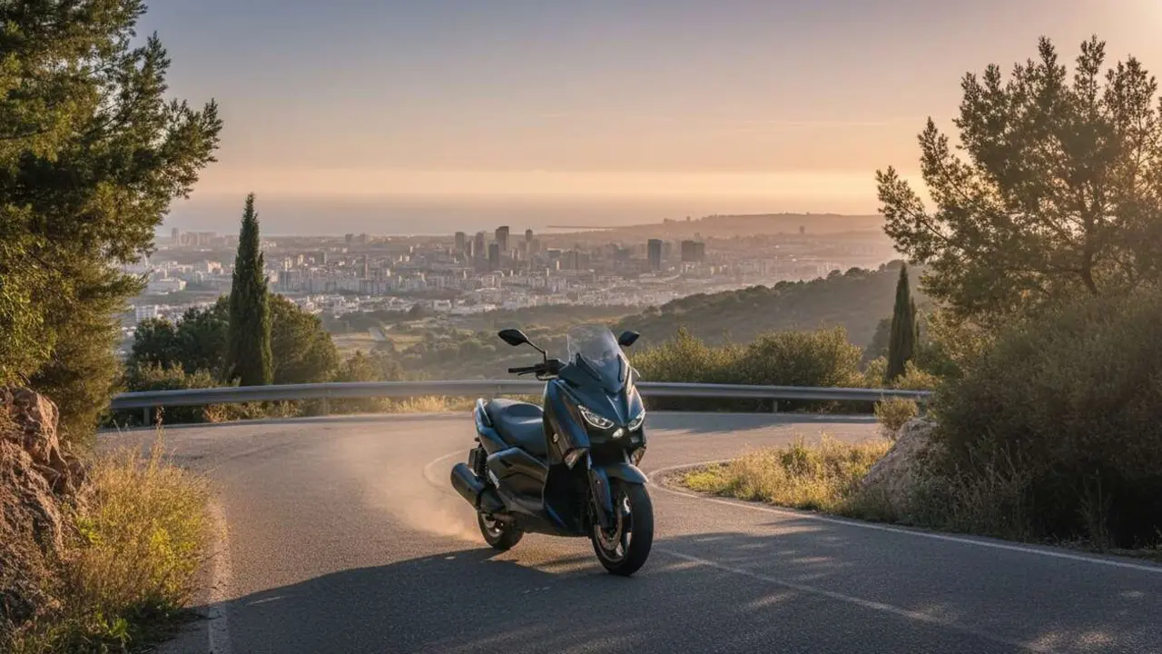  Yamaha XMAX en movimiento por la ciudad y terrenos de aventura demostrando su versatilidad como scooter urbana &mdash; Imagen generada por IA 