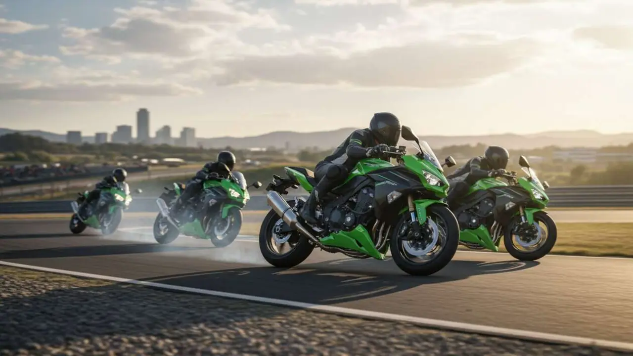  Moto de dos tiempos Kawasaki en un circuito mostrando su potente regreso inesperado al mundo motociclista &mdash; Imagen generada por IA 