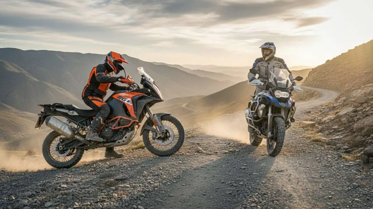  Motocicleta KTM de aventura enfrentando a BMW en una competici&oacute;n intensa que defini&oacute; su liderazgo en el mercado &mdash; Imagen generada por IA 