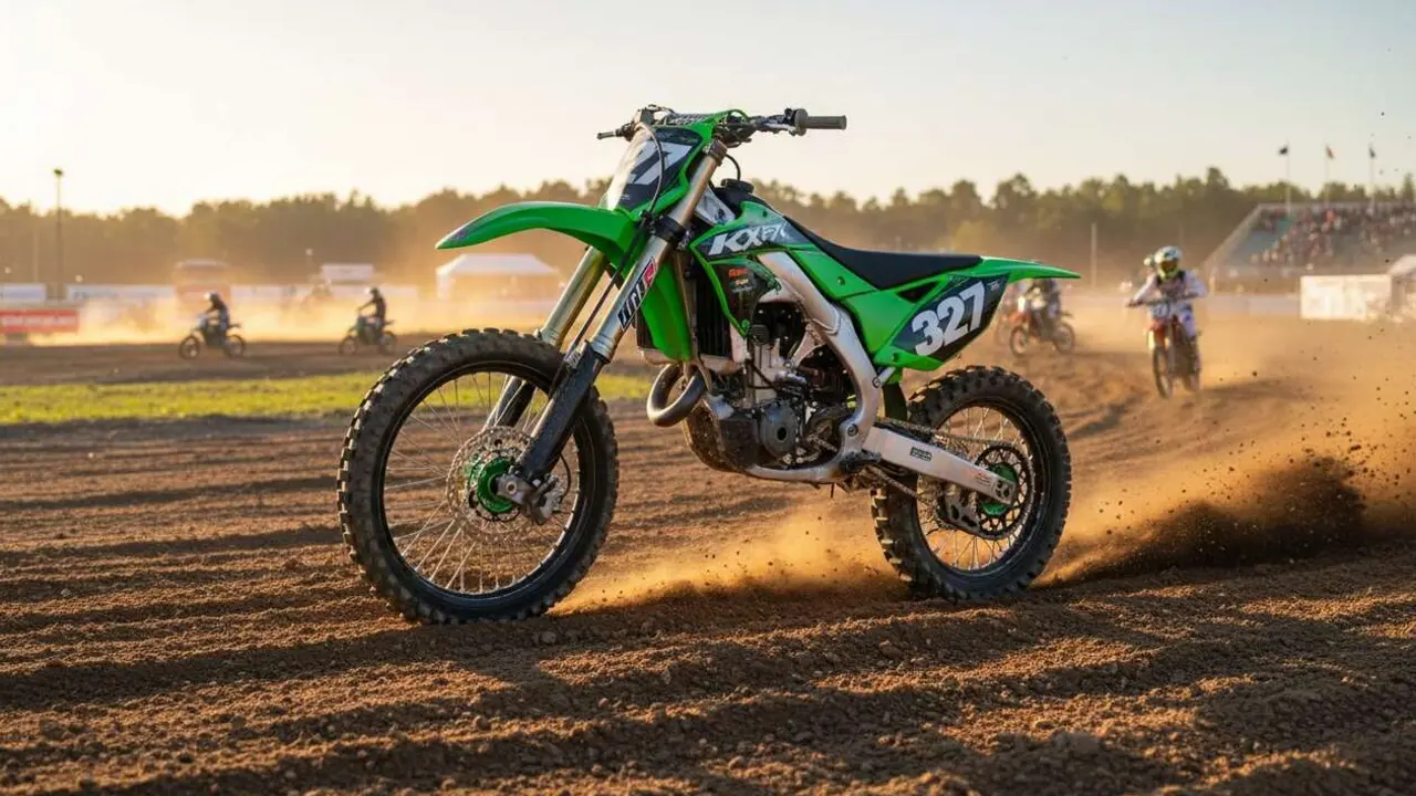 Kawasaki KX327X 2027 vista lateral demostrando su potencia y dise&ntilde;o innovador para motocross 2T &mdash; Imagen generada por IA 