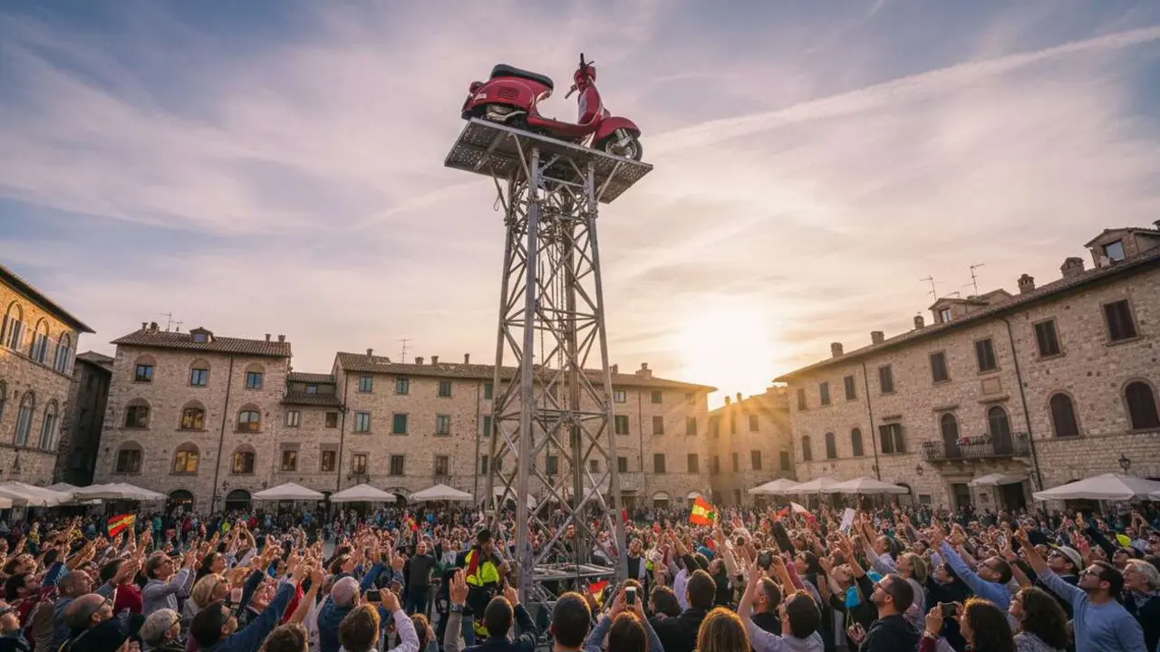  Vespa subiendo una torre de 39 metros en un r&eacute;cord sorprendente de altura y destreza sobre dos ruedas &mdash; Imagen generada por IA 