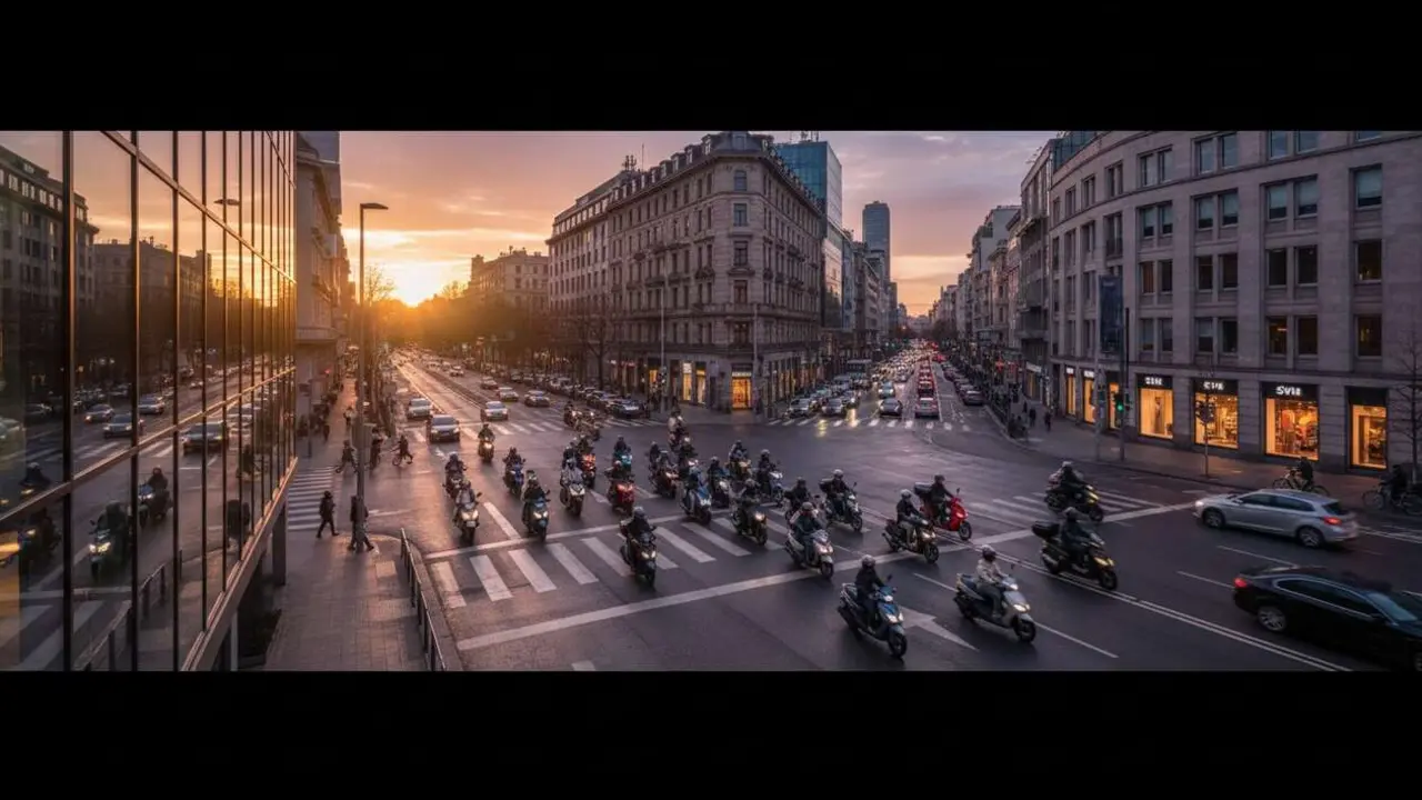 Scooter SYM de &uacute;ltima generaci&oacute;n circulando por las calles de la ciudad dominando el tr&aacute;fico urbano con estilo y eficiencia &mdash; Imagen generada por IA 