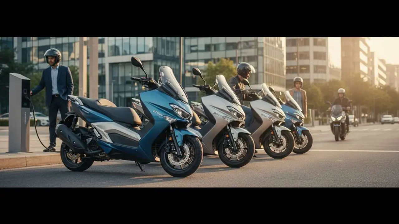  Scooter Daelim moderna en ciudad, mostrando la revoluci&oacute;n de la movilidad urbana sostenible y eficiente &mdash; Imagen generada por IA 