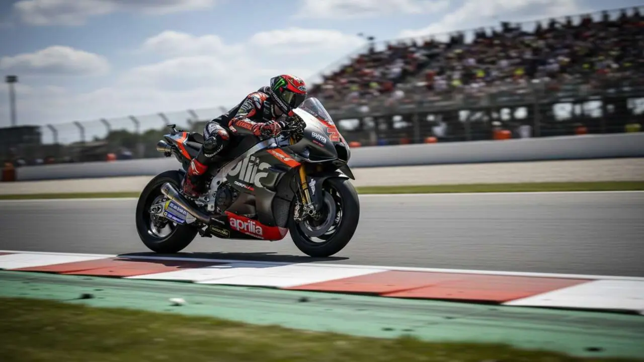  Piloto de Aprilia celebrando victoria en MotoGP mientras la marca se convierte en favorita de la temporada 2024 &mdash; Imagen generada por IA 