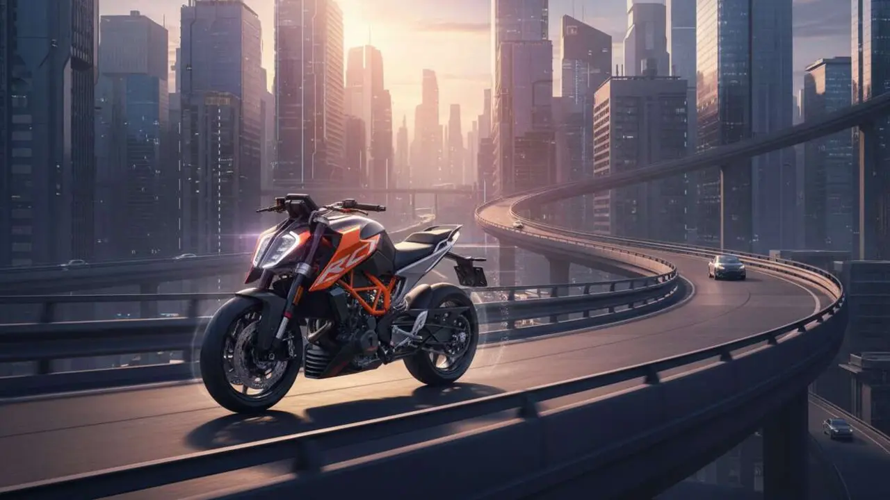  KTM 490 Duke prototipo en carretera mostrando dise&ntilde;o innovador y tecnolog&iacute;a avanzada para el futuro de las motos &mdash; Imagen generada por IA 