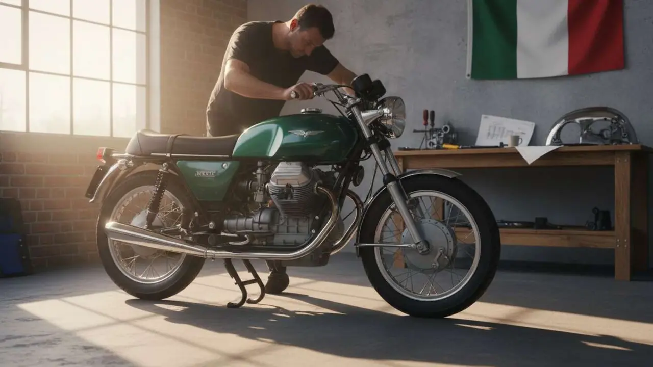  Moto Guzzi cl&aacute;sica restaurada en taller para preservar la legendaria motocicleta italiana de colecci&oacute;n &mdash; Imagen generada por IA 