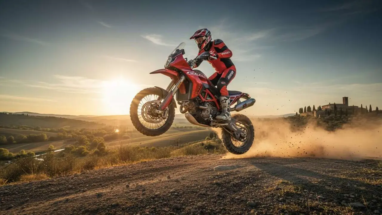  Ducati Desmo450 EDS 2027 en Borgo Panigale mostrando la revoluci&oacute;n total en motos de enduro para 2027 &mdash; Imagen generada por IA 