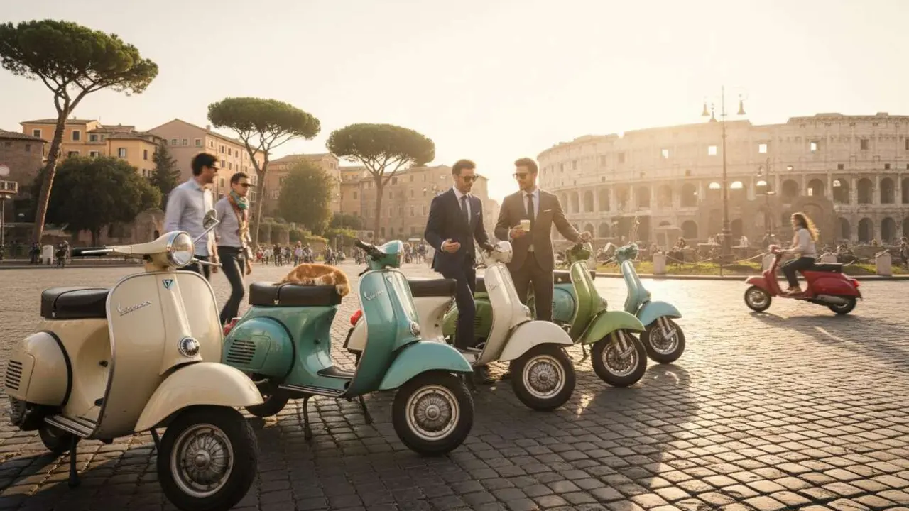  Vespa cl&aacute;sica italiana circulando por las calles hist&oacute;ricas, s&iacute;mbolo de la revoluci&oacute;n en la movilidad urbana en Italia &mdash; Imagen generada por IA 