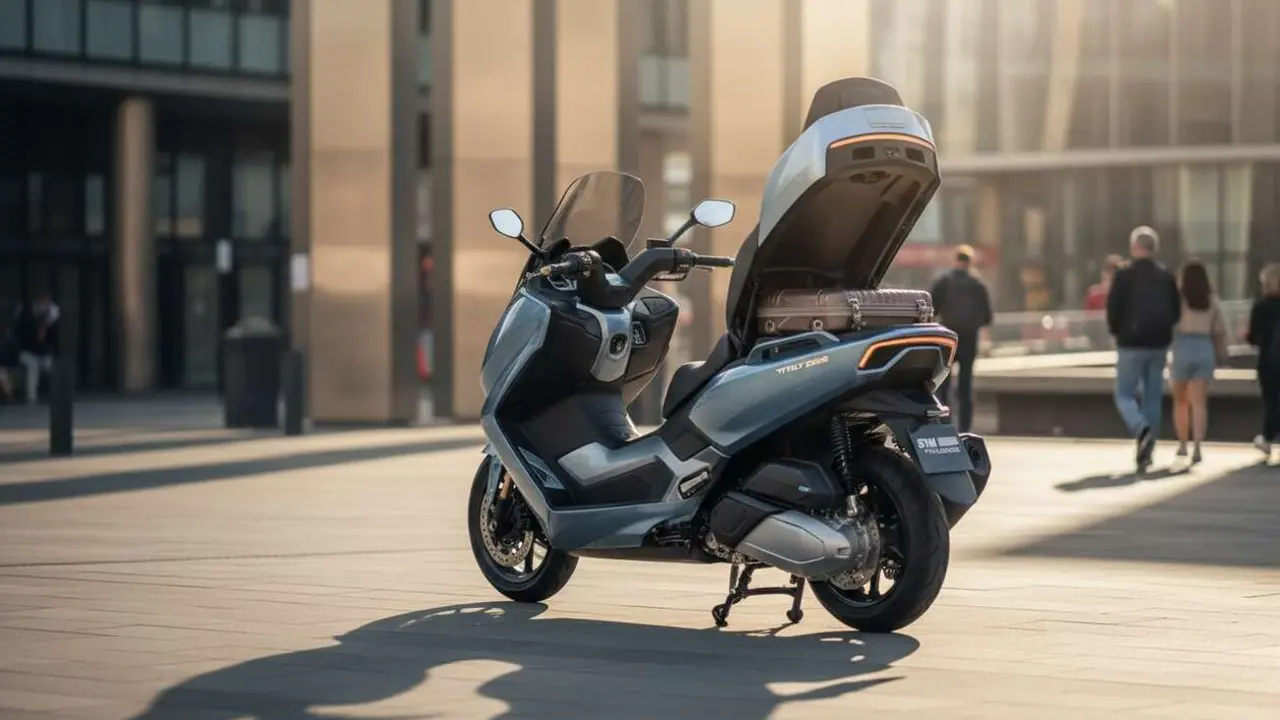  SYM TTLBT 2026 maxi scooter con gran espacio de maletero similar al de un coche para m&aacute;xima comodidad urbana &mdash; Imagen generada por IA 