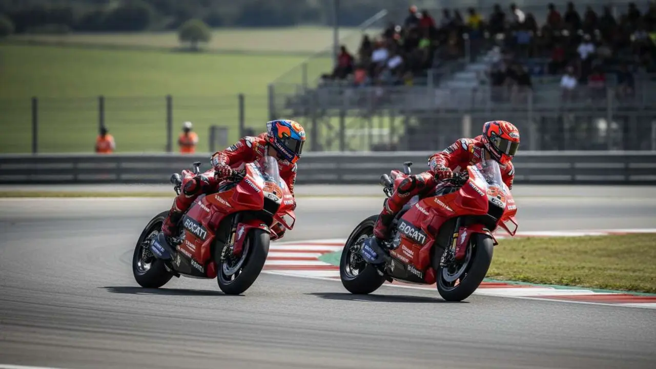  Pedro Acosta y Marc M&aacute;rquez compitiendo intensamente en la Ducati en la temporada 2026 de MotoGP &mdash; Imagen generada por IA 