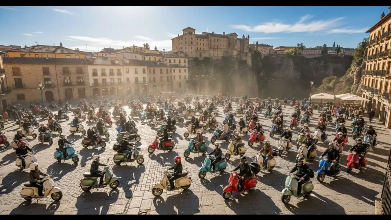  Vista panor&aacute;mica de la concentraci&oacute;n Vespa en Cuenca con m&aacute;s de 300 participantes rugiendo por Espa&ntilde;a &mdash; Imagen generada por IA 