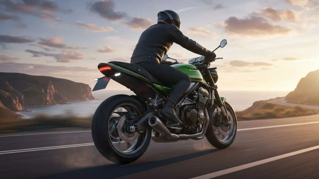  Kawasaki Z900RS 2027 en acci&oacute;n mostrando su dise&ntilde;o neo-retro y tecnolog&iacute;a avanzada para motociclistas modernos &mdash; Imagen generada por IA 