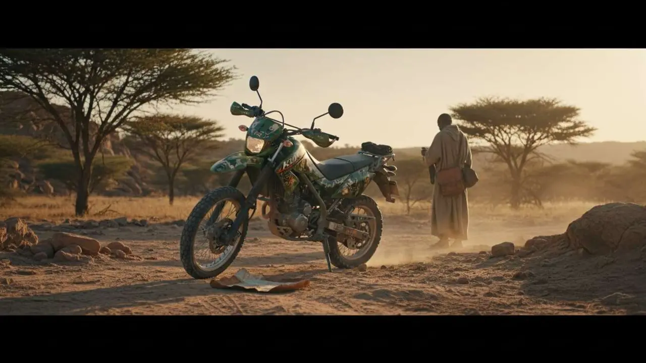  Kawasaki KLX150 XPL destacada en terreno africano mostrando su dise&ntilde;o cl&aacute;sico y robusto para aventura off-road &mdash; Imagen generada por IA 