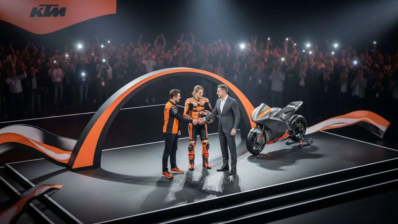  Piloto de KTM en MotoGP celebrando el acuerdo revolucionario confirmado hasta 2031 que cambiar&aacute; el futuro del motociclismo &mdash; Imagen generada por IA 