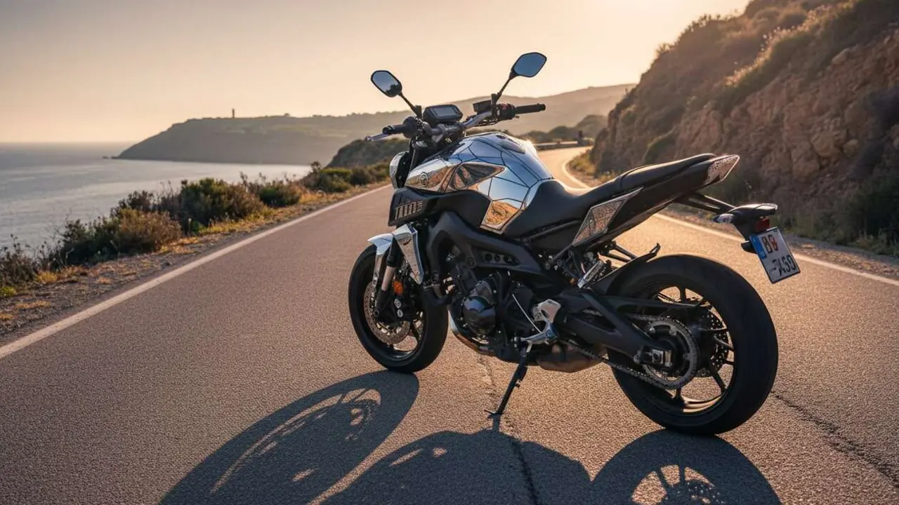 Yamaha MT-09 con kit Vio-Mirage reflejando dise&ntilde;o innovador en una moto espejo sorprendente y &uacute;nica &mdash; Imagen generada por IA 
