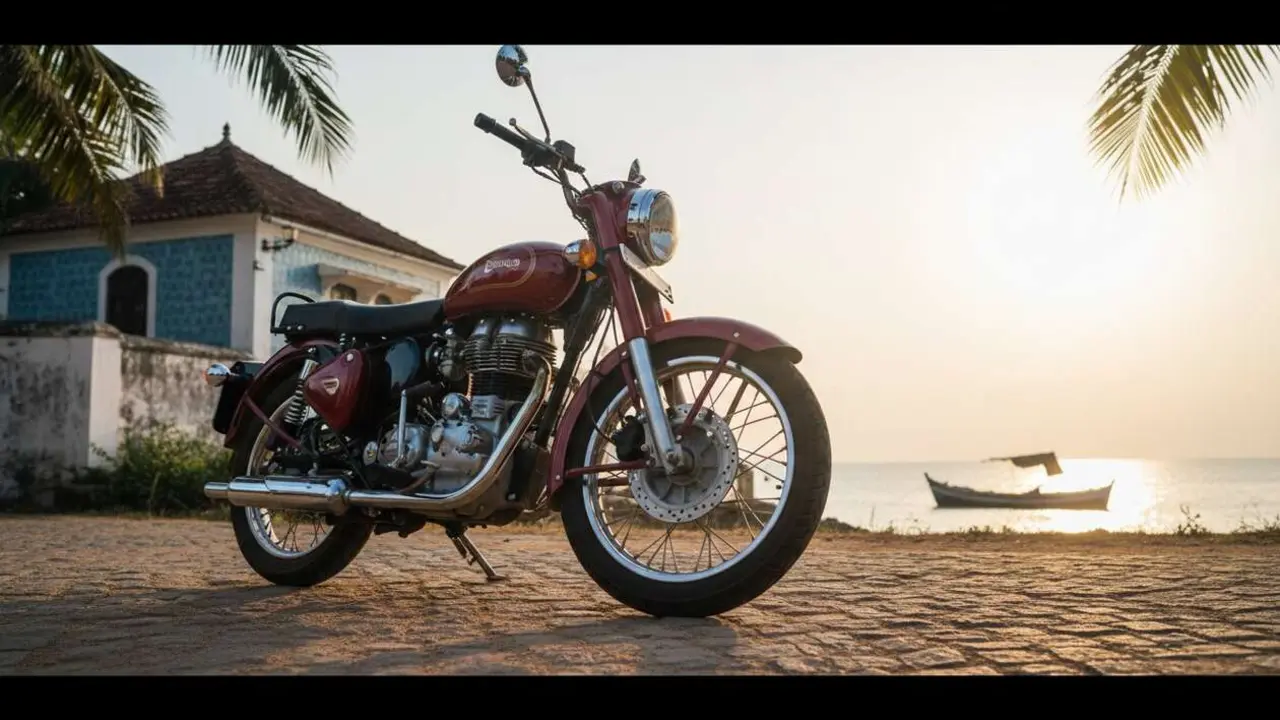 Royal Enfield Goan Classic 350 destacada en carretera mostrando su estilo cl&aacute;sico y rendimiento &uacute;nico &mdash; Imagen generada por IA 