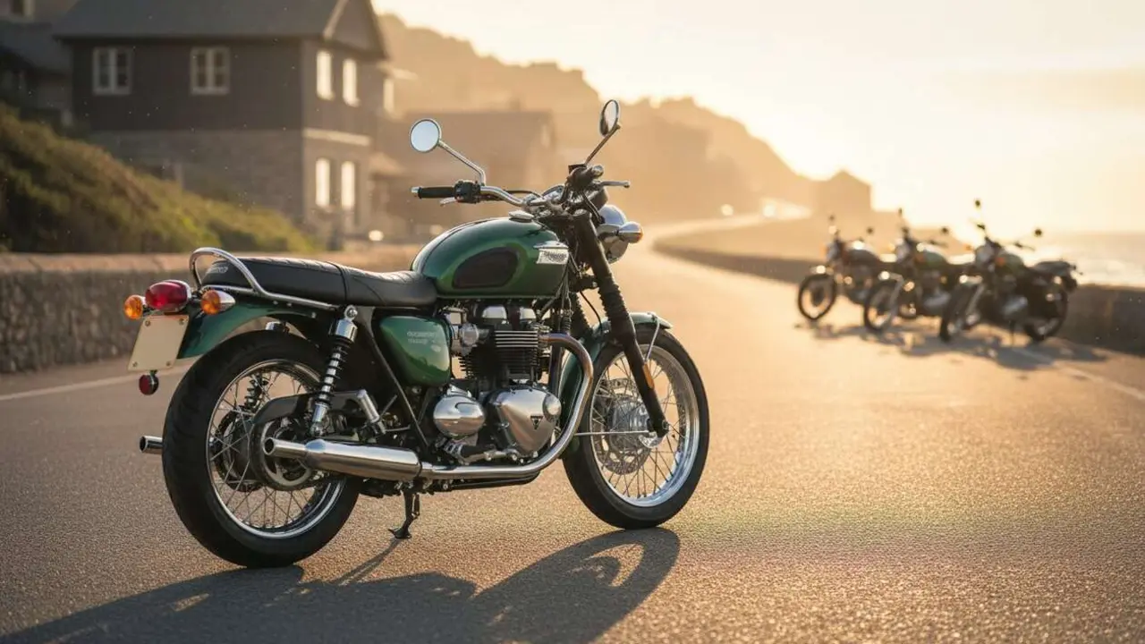  Triumph Bonneville 400 2026 mostrando su dise&ntilde;o cl&aacute;sico y moderno como competencia de Royal Enfield &mdash; Imagen generada por IA 