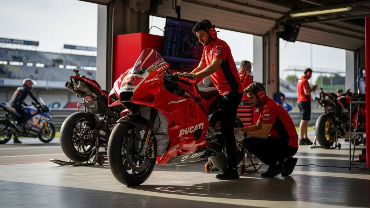  Piloto de Ducati en MotoGP durante una intensa carrera que muestra el poder y tecnolog&iacute;a de la marca l&iacute;der &mdash; Imagen generada por IA 