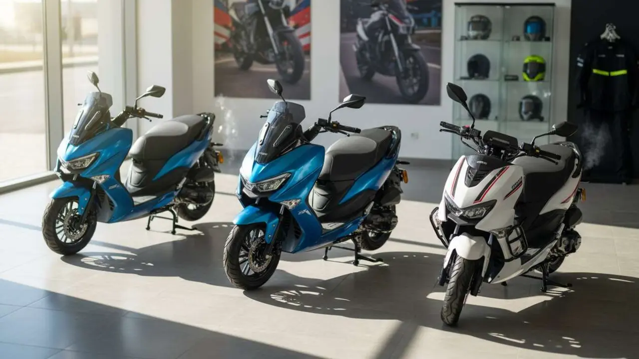  Scooter QJMOTOR moderno en ciudad con dise&ntilde;o innovador y precios accesibles para 2024 &mdash; Imagen generada por IA 