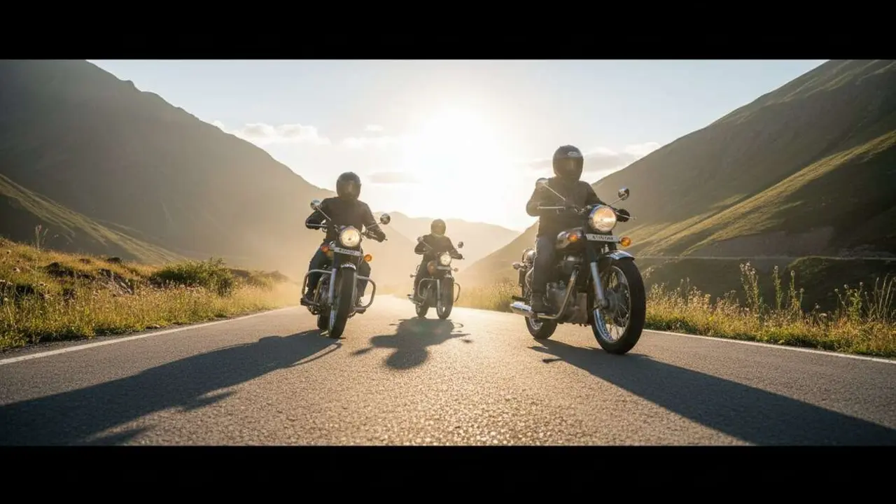  Motocicleta Royal Enfield en carretera cl&aacute;sica destacando su dise&ntilde;o y rendimiento distintivo para amantes de las motos vintage &mdash; Imagen generada por IA 
