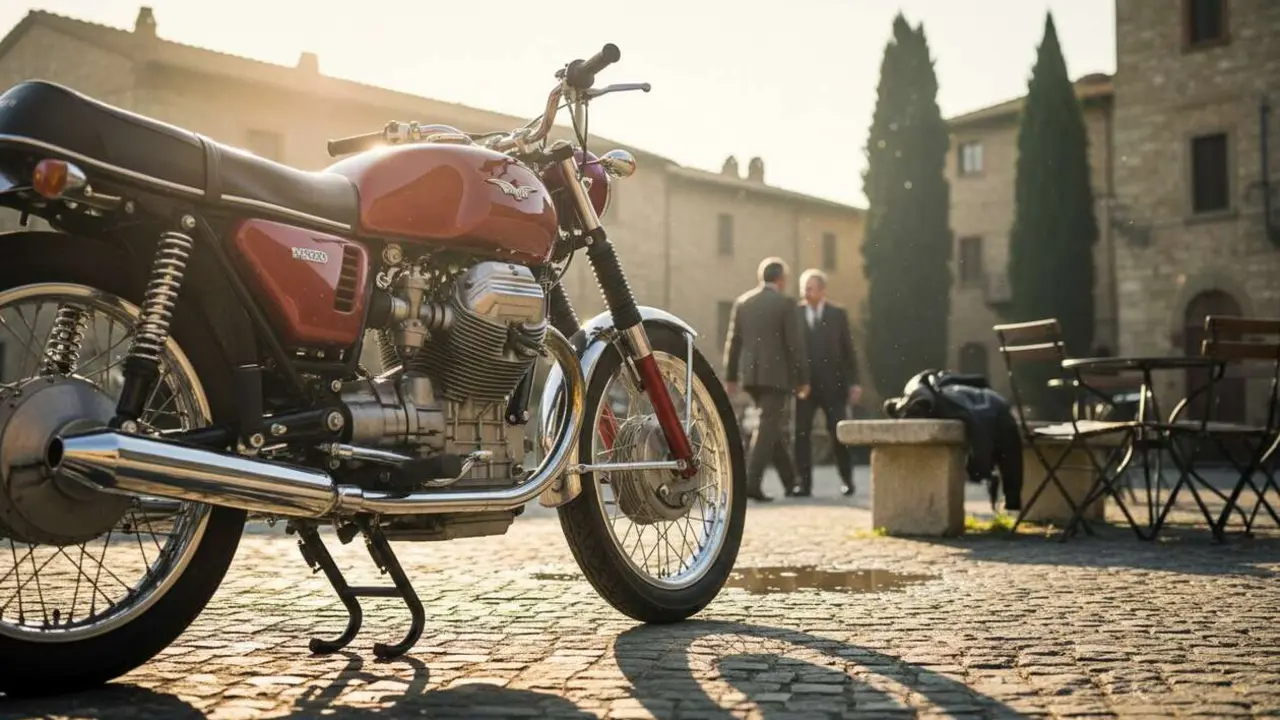  Moto Guzzi cl&aacute;sica en carretera mostrando el encanto vintage que enamora a los amantes de las motos retro cl&aacute;sicas &mdash; Imagen generada por IA 