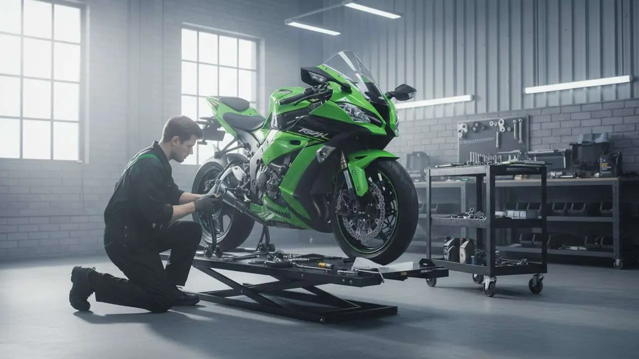  Moto Kawasaki en mantenimiento con herramientas para prolongar su vida &uacute;til y rendimiento &oacute;ptimo &mdash; Imagen generada por IA 