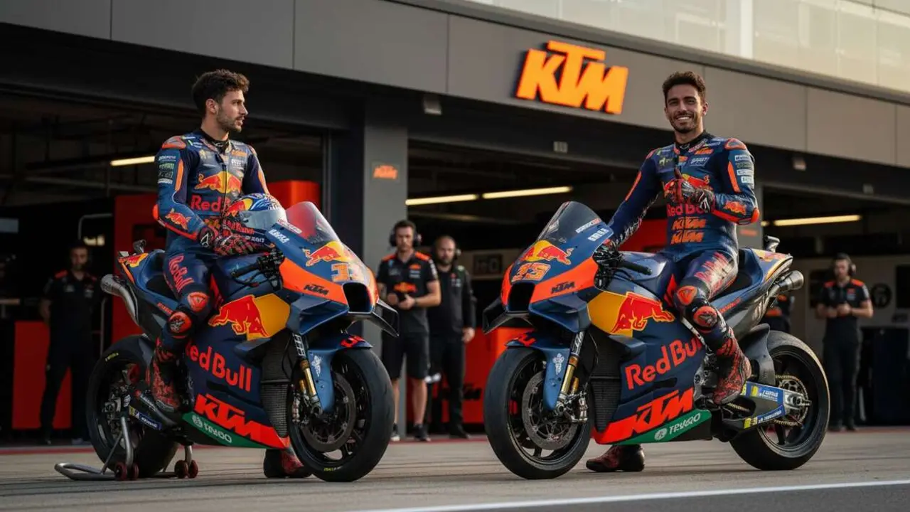  Di Giannantonio y Alex M&aacute;rquez juntos en KTM 2027 haciendo historia en el motociclismo y Red Bull Racing &mdash; Imagen generada por IA 