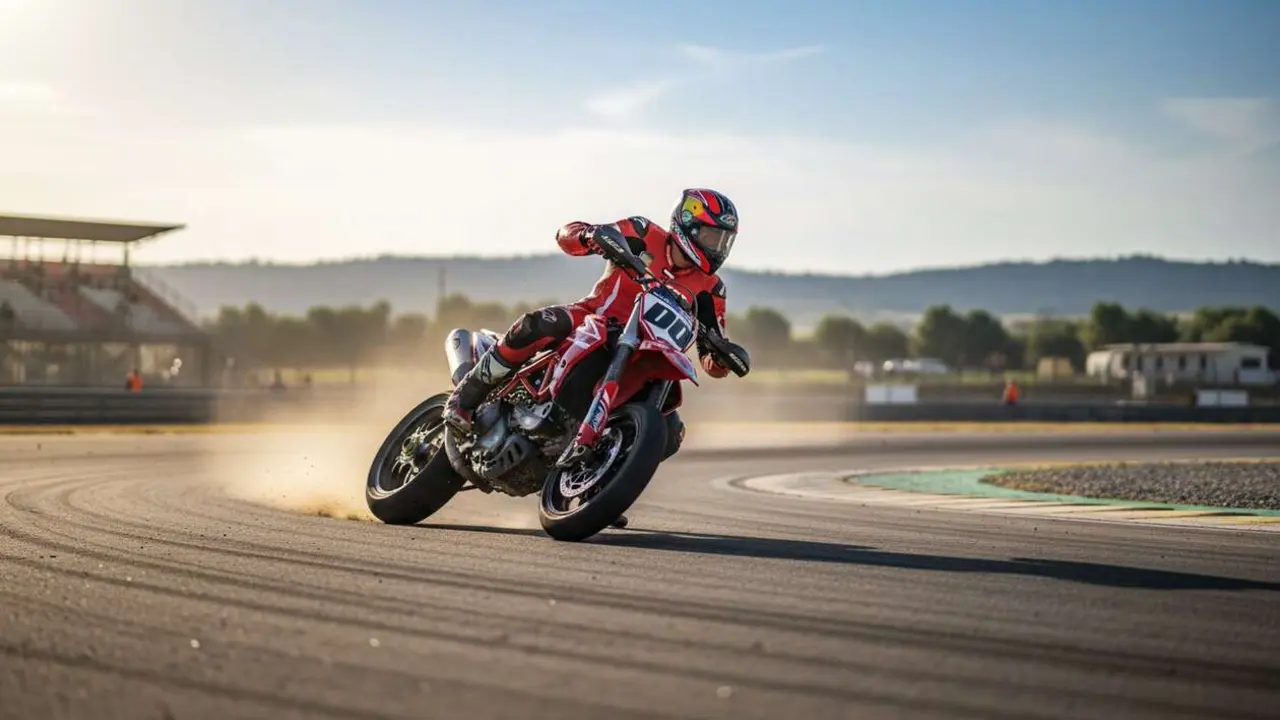  Ducati Desmo450 SM en acci&oacute;n sobre el asfalto, mostrando su potencia y ligereza ideal para circuitos de velocidad &mdash; Imagen generada por IA 