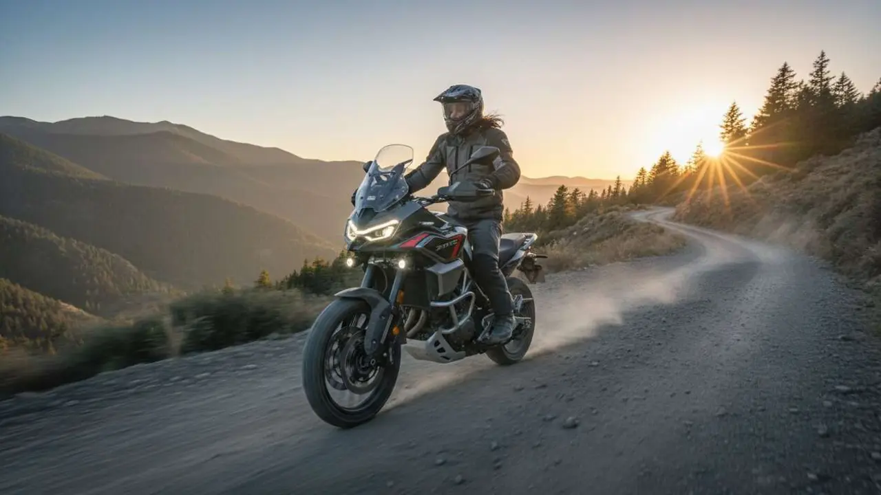  Moto trail tricil&iacute;ndrica Zontes 703F ETC 2026 ideal para aventura y rendimiento en carretera y terreno off-road &mdash; Imagen generada por IA 