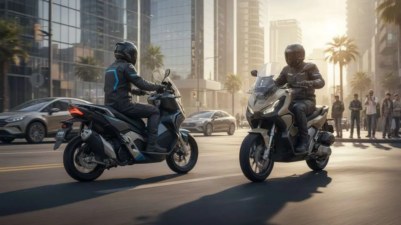  Comparativa MITT ADV Pro 125 y Honda ADV 2026 mostrando dise&ntilde;o y rendimiento en calles urbanas modernas &mdash; Imagen generada por IA 