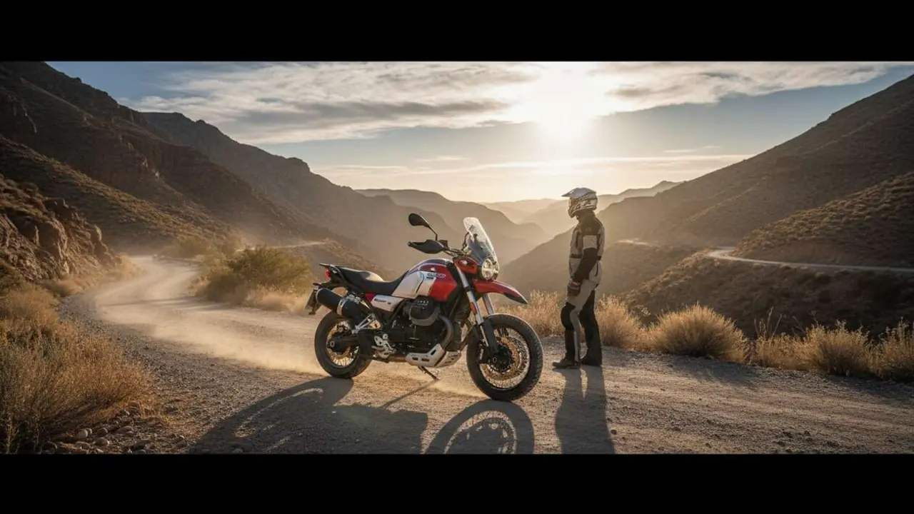 Moto Guzzi V85 TT en acci&oacute;n recorriendo caminos de aventura, la moto recomendada por expertos para rutas off road &mdash; Imagen generada por IA 