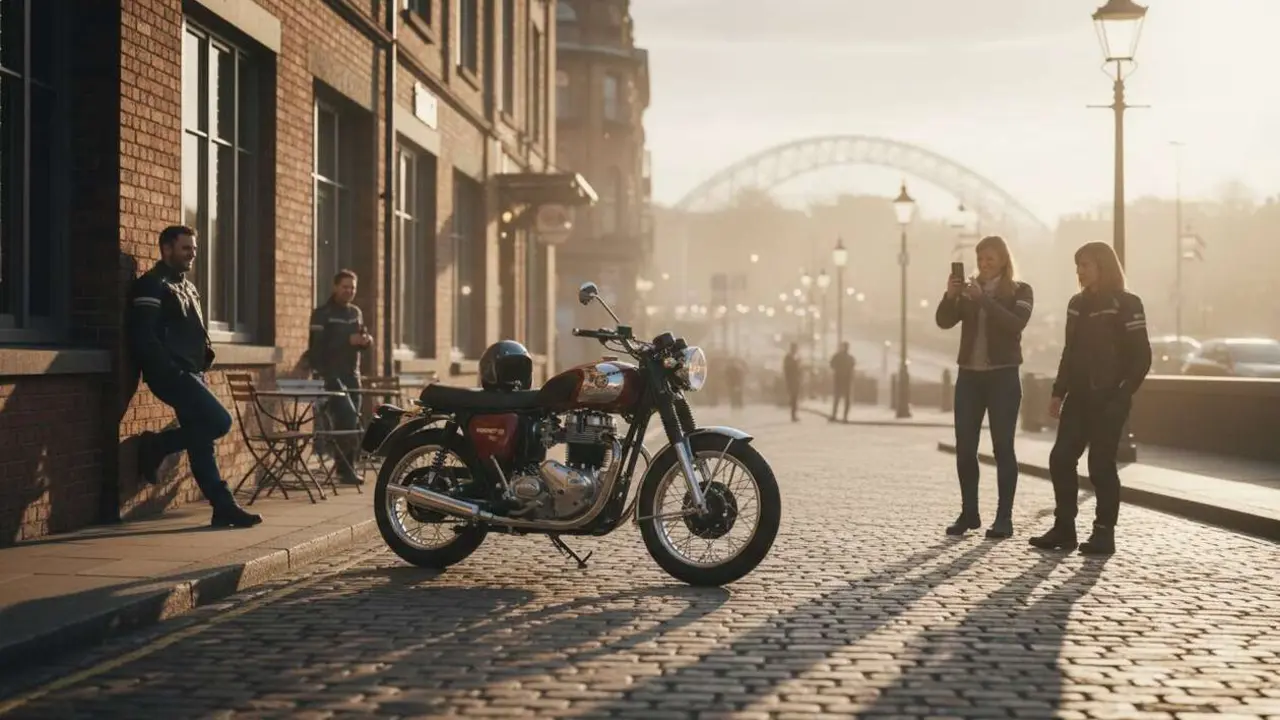  Motocicleta cl&aacute;sica BSA restaurada con detalles retro en un paisaje urbano moderno mostrando su regreso triunfal &mdash; Imagen generada por IA 