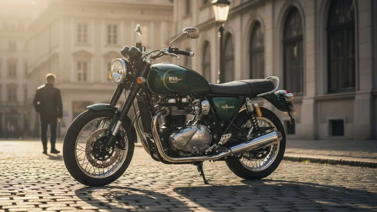  Moto BSA cl&aacute;sica brit&aacute;nica en carretera en 2026 mostrando su dise&ntilde;o y potencia ic&oacute;nicos &mdash; Imagen generada por IA 