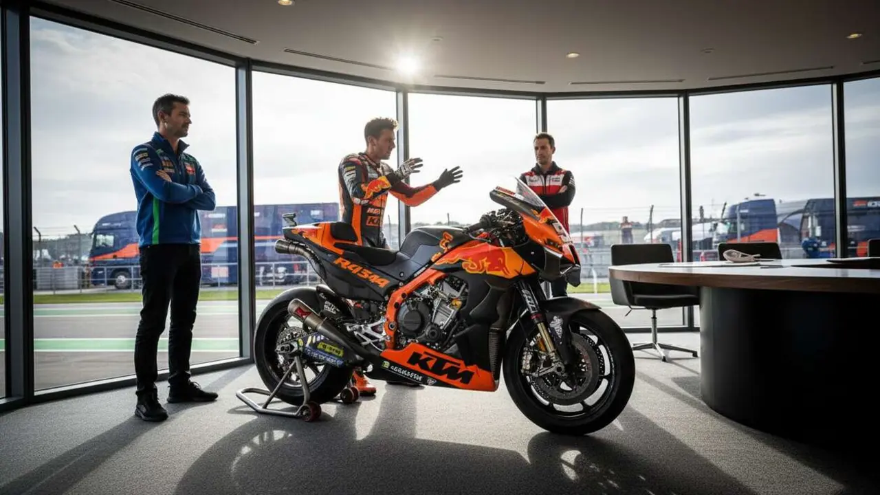  KTM en MotoGP enfrentando oposici&oacute;n de rivales al proponer la apertura de motores para mejorar el rendimiento &mdash; Imagen generada por IA 