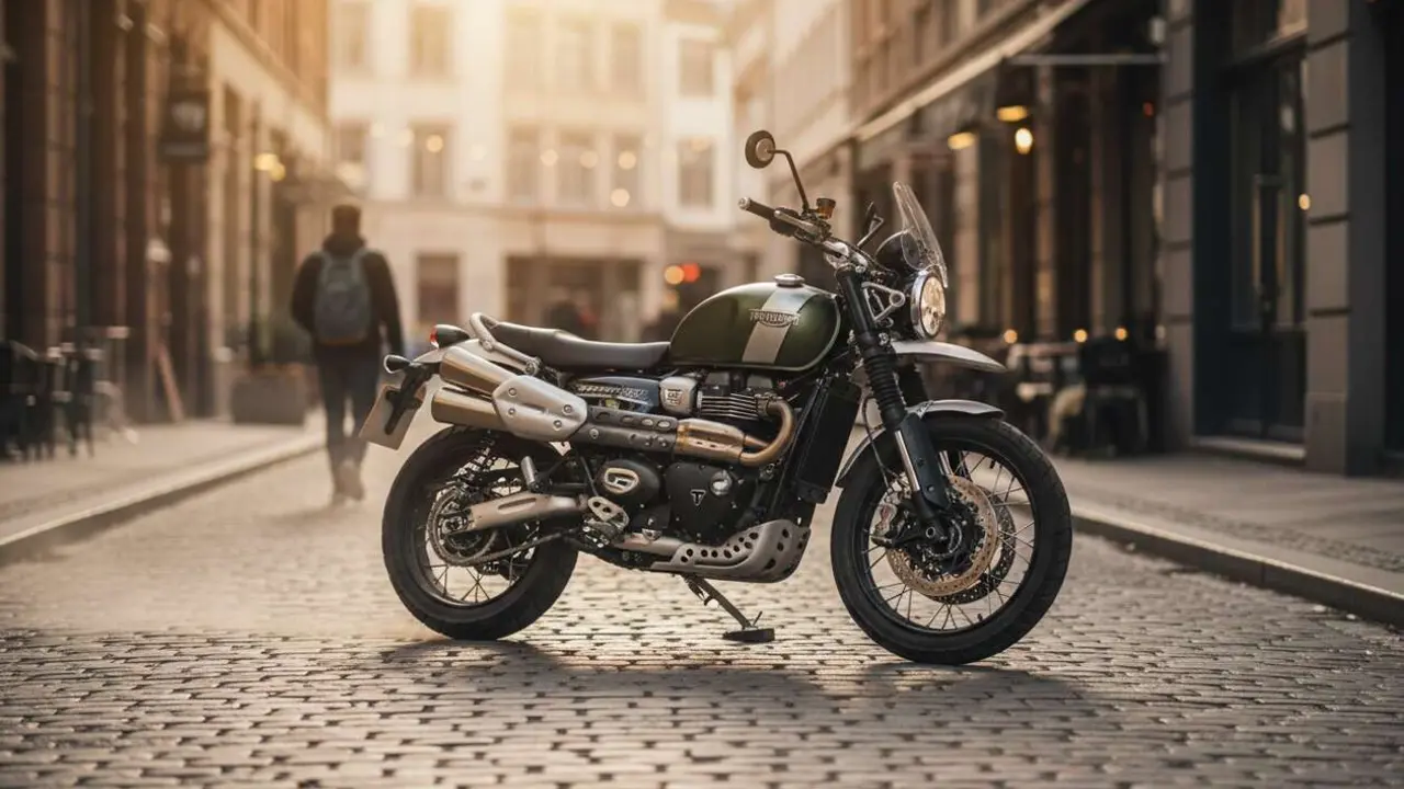  Triumph Scrambler 1200 en acci&oacute;n mostrando su versatilidad para la aventura urbana y paseos todoterreno &mdash; Imagen generada por IA 