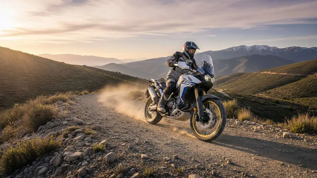  Honda XL750 Transalp en acci&oacute;n sobre terreno trail mostrando su potencia y dise&ntilde;o innovador para aventuras todoterreno &mdash; Imagen generada por IA 