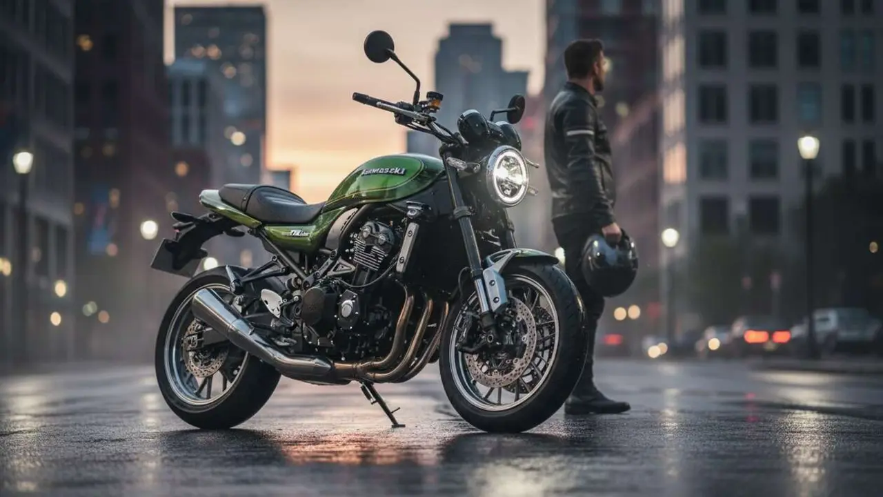 Kawasaki Z900 RS 2026 destacada en carretera mostrando su dise&ntilde;o retro y tecnolog&iacute;a avanzada para motos del futuro &mdash; Imagen generada por IA 